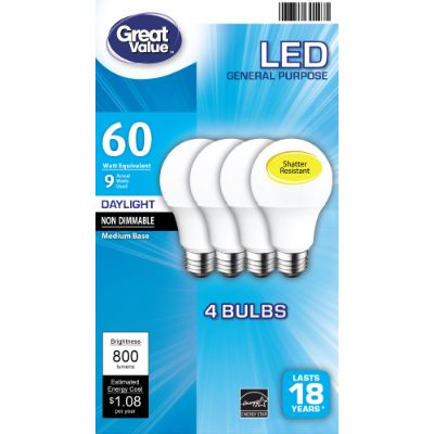 Kellmart Great Value Great Value Led 9w 3 000k E26 A19 Daylight 4 Pack NDB002836